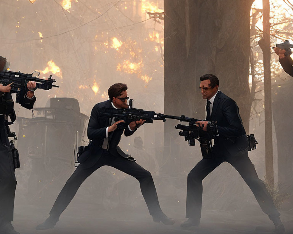 Two men in suits with guns in dusty chaos with vintage car and light bulbs.