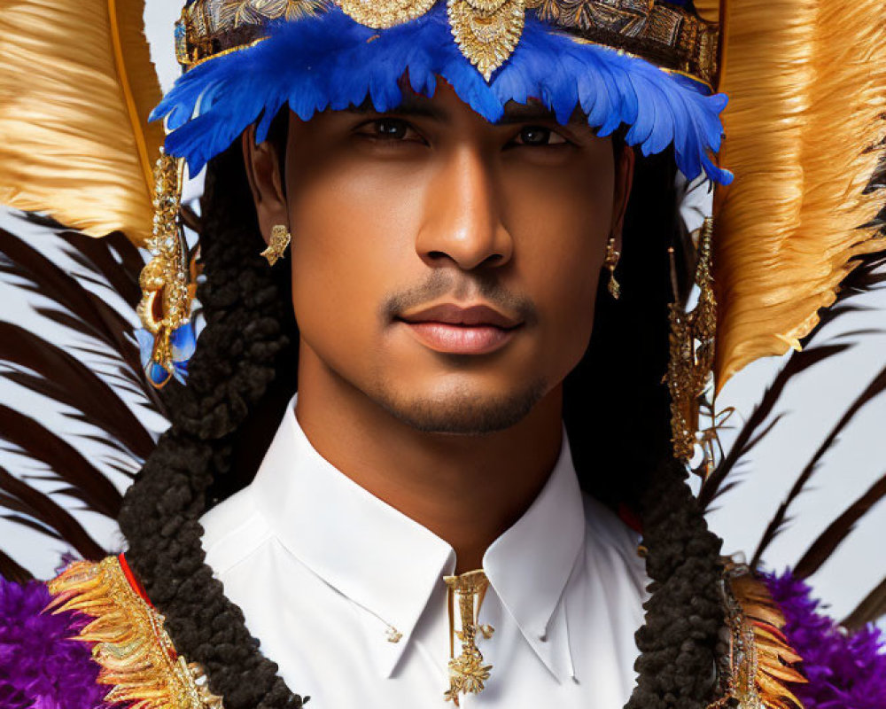 Elaborate Blue and Gold Headdress with Feathers and Ornate Earrings