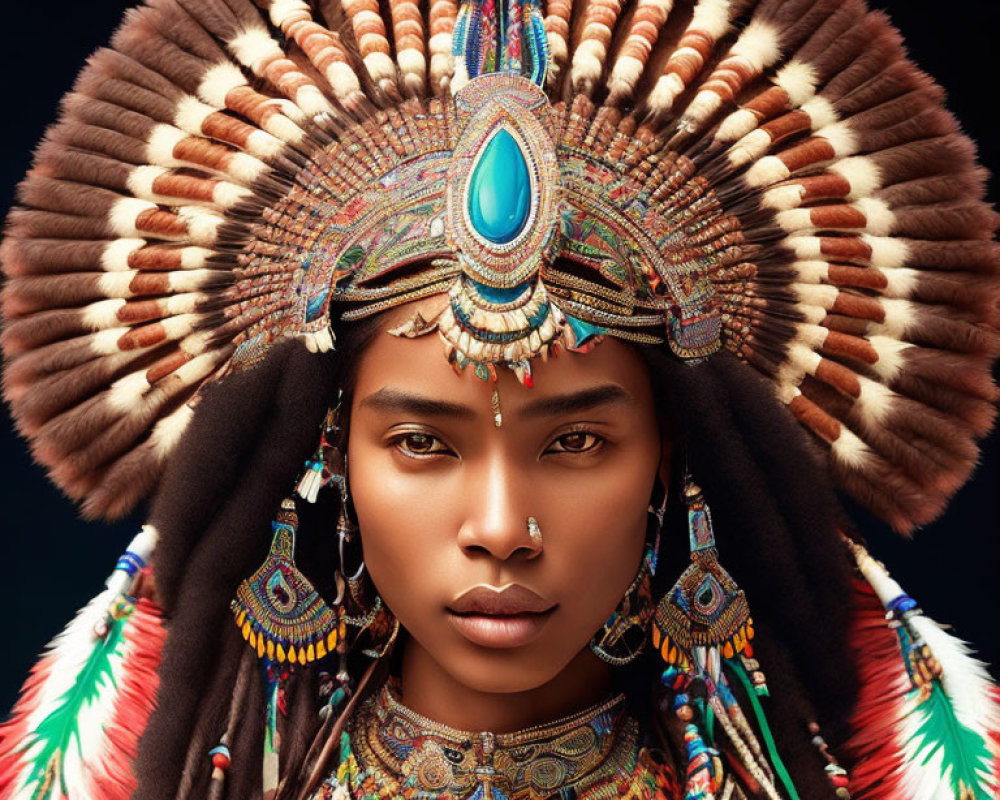 Woman with ornate headdress and turquoise gemstone earrings.