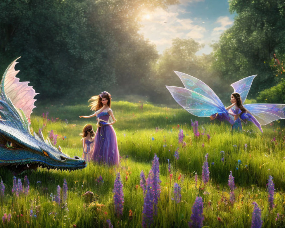 Woman, Child, Dragon, and Fairy in Sunlit Meadow