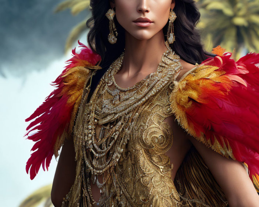 Regal Woman in Luxurious Golden Ensemble and Intricate Headdress