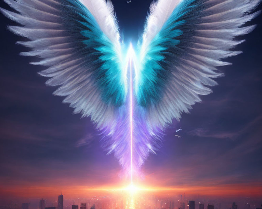 Bioluminescent angel with large wings above cityscape at sunset