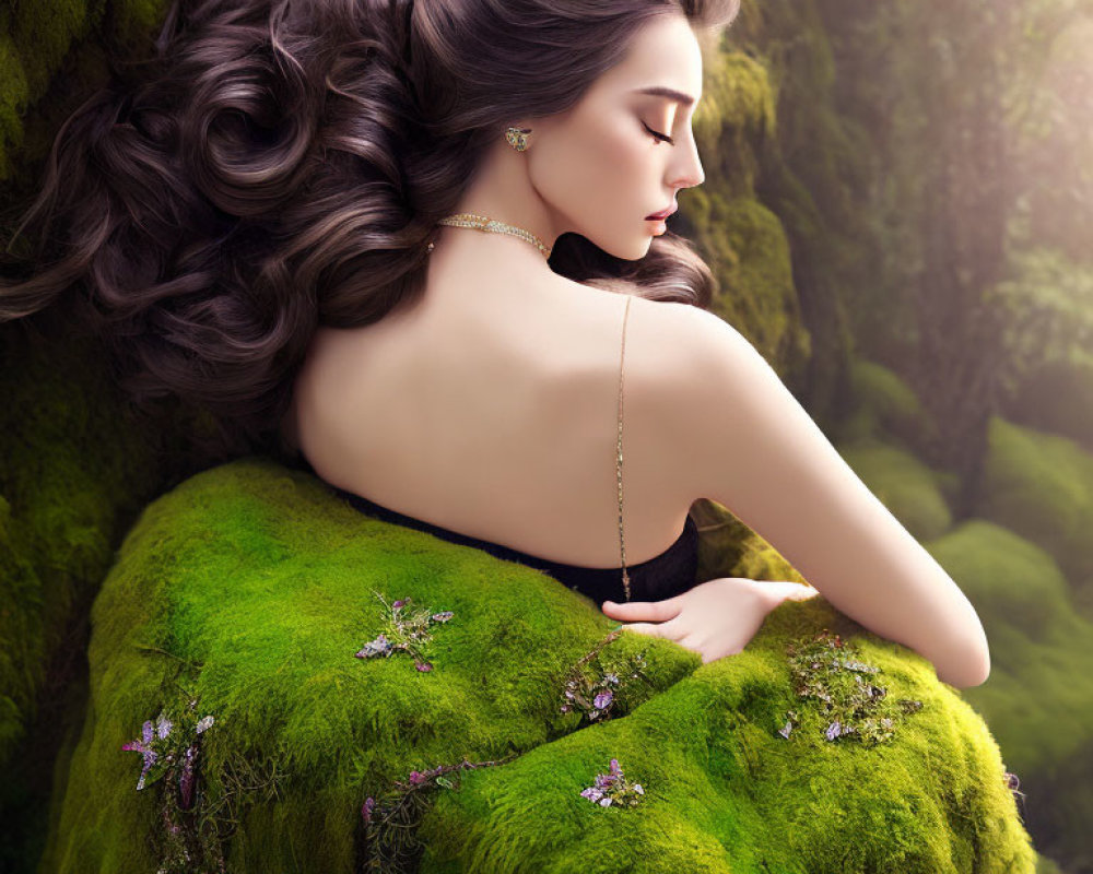 Woman with flowing hair surrounded by green moss and adorned with jewelry and purple flowers.