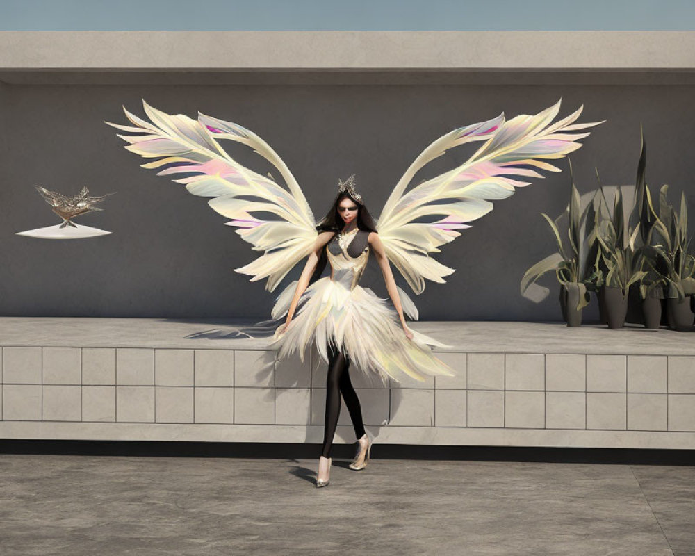 Woman with artistic wings and crown posing on terrace with bird sculpture and plants