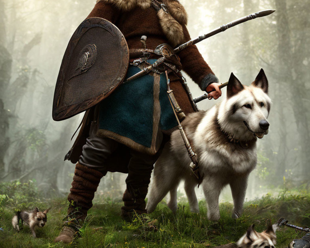 Medieval warrior with shield and sword in forest with white dog and puppies