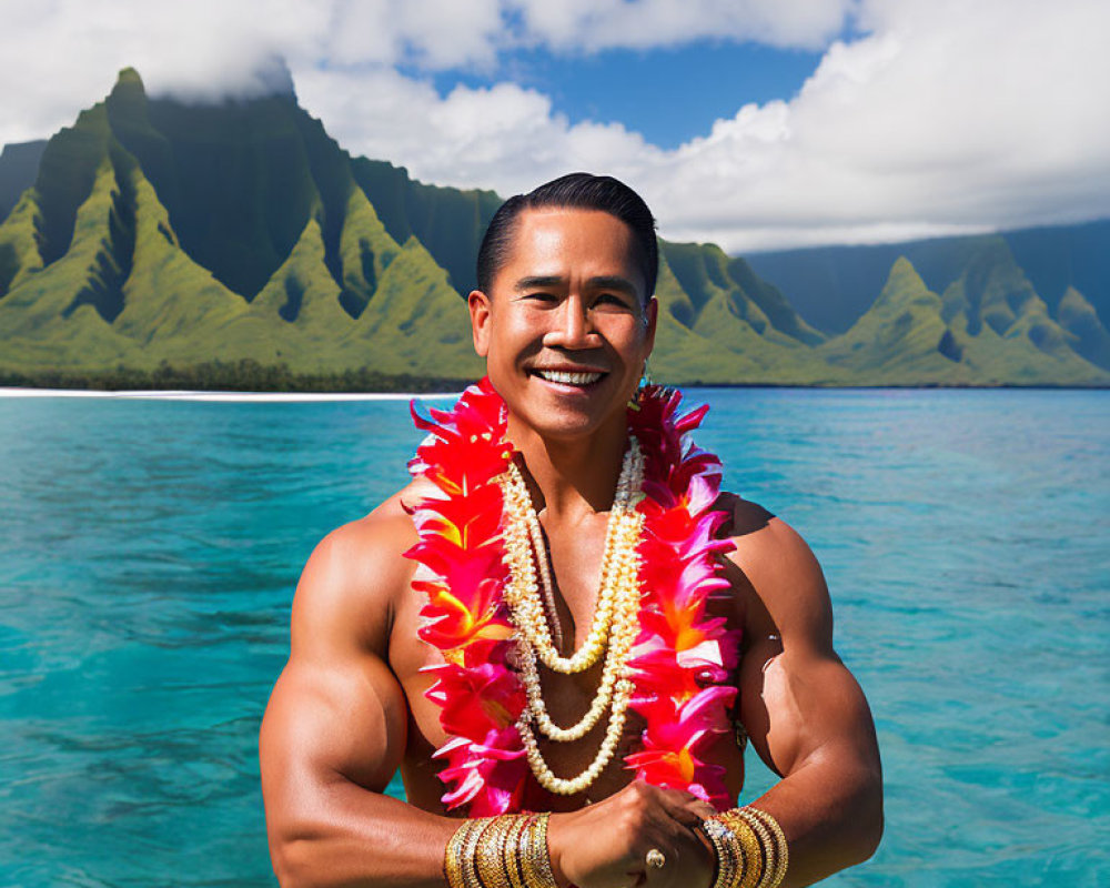 Smiling man in flower lei against tropical landscape