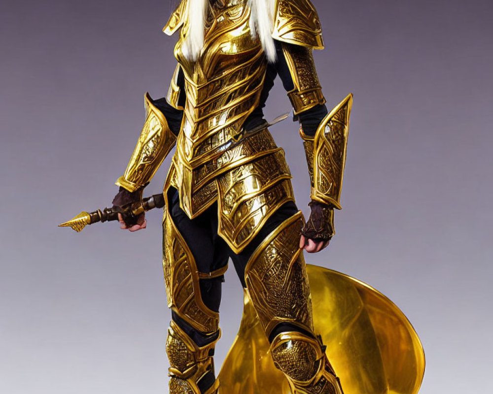 Character in Golden Armor with Dagger and Cape on Purple Background