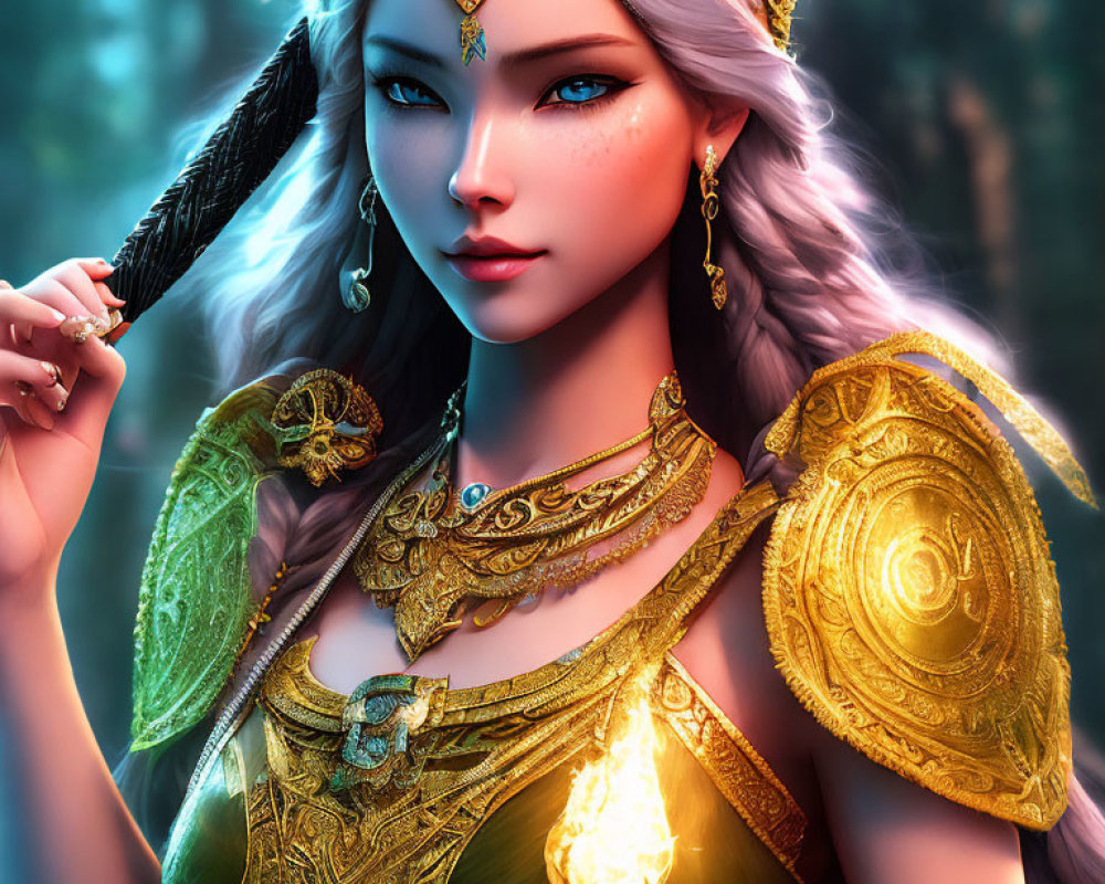 Elven queen portrait with blue eyes and golden armor in mystical forest