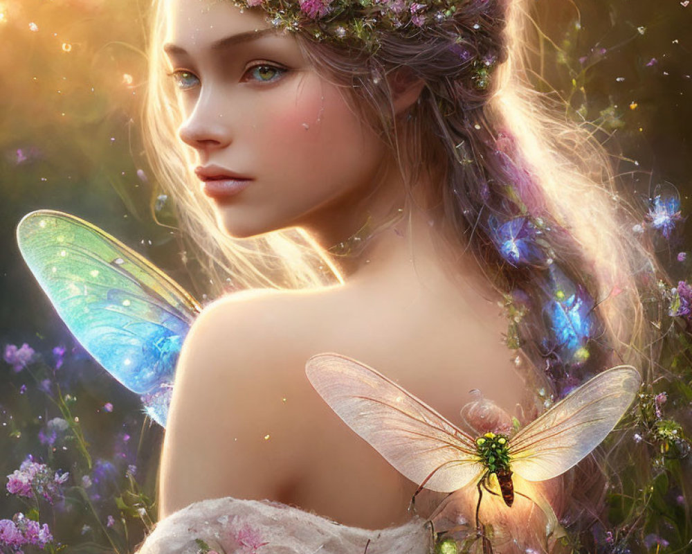 Fantasy illustration: Fairy with iridescent wings and floral headband