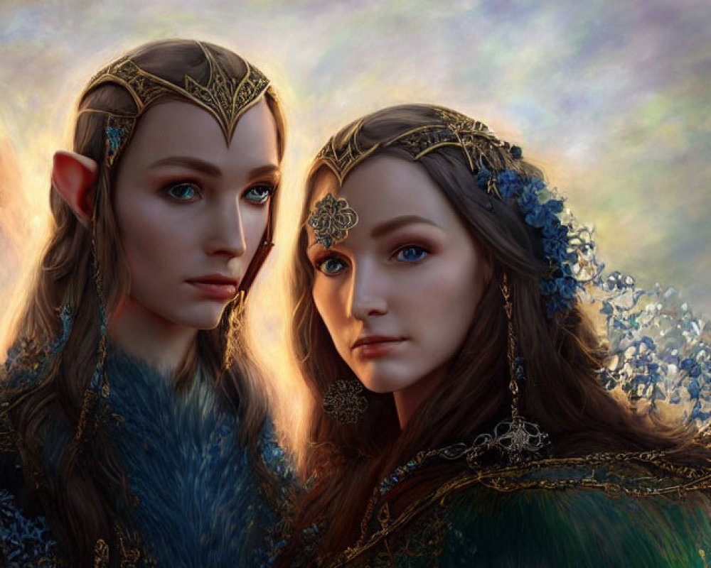 Fantasy elves with ornate crowns in colorful sky