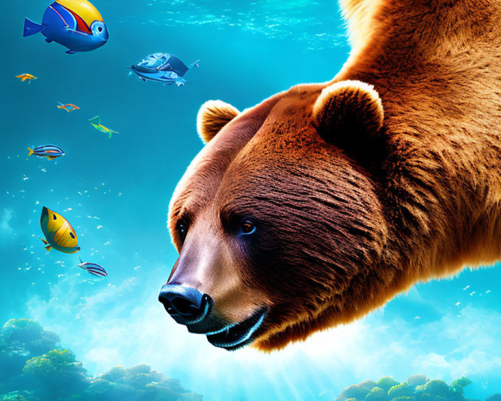 Bear's Head in Blue Underwater Scene with Tropical Fish