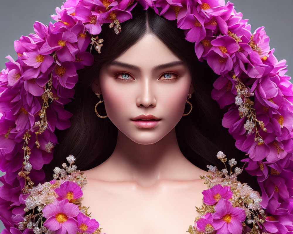 Woman with Lavish Floral Crown and Purple Flower Garment