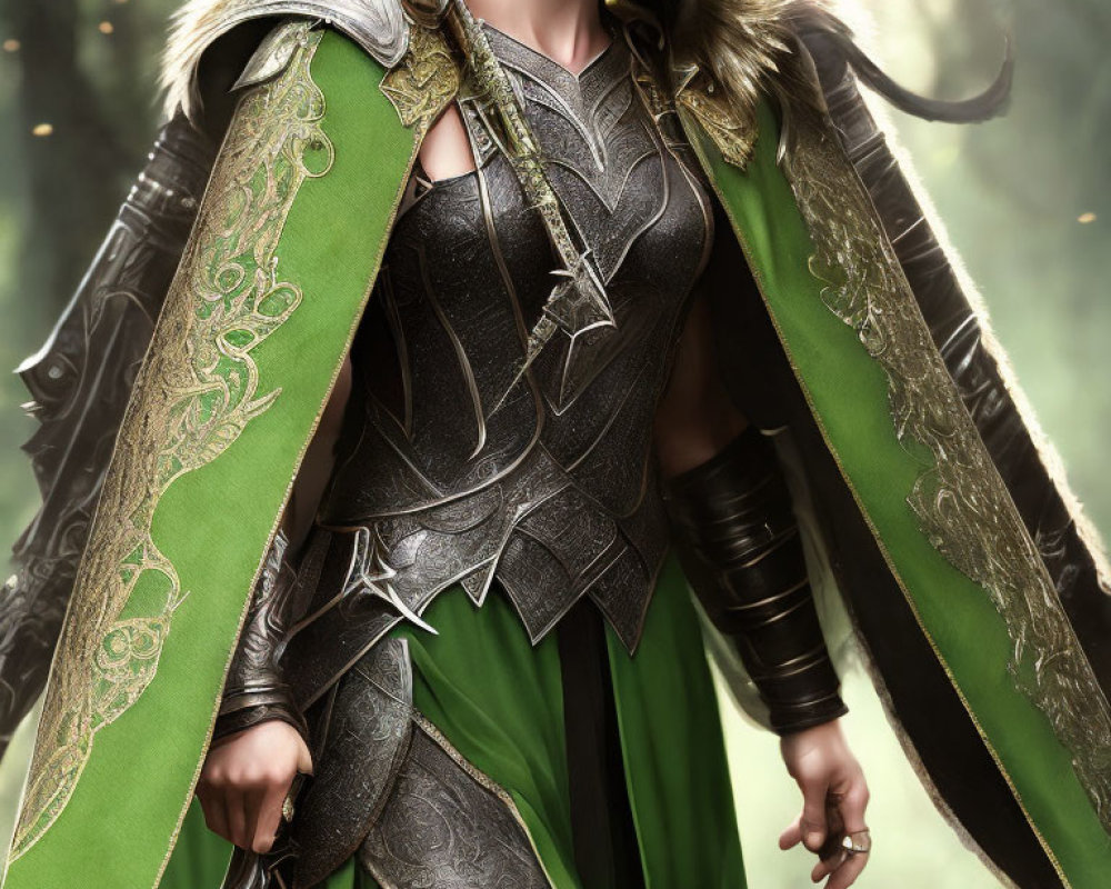 Fantasy warrior in silver armor with green cape in mystical forest.