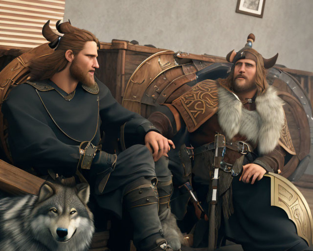 Viking warriors in traditional garb with loyal wolf, chest and shields