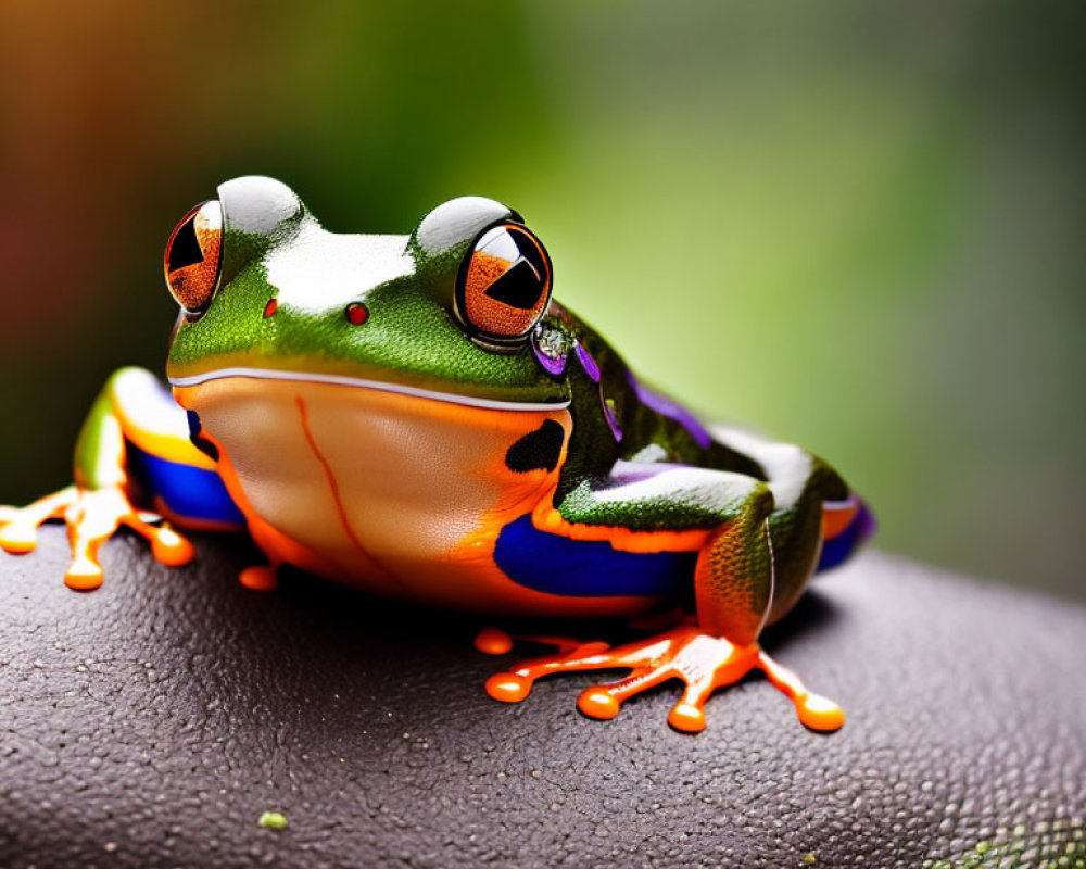 Colorful Frog with Orange Feet on Dark Textured Surface Against Blurred Green Background