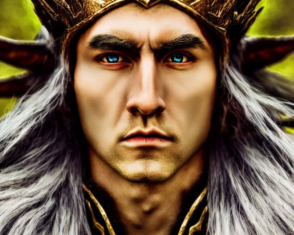 Majestic fantasy character with antlers and golden crown in digital art