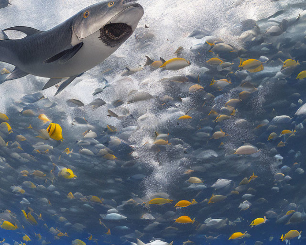 Shark swimming above yellow fish in ocean with sunlight filtering.