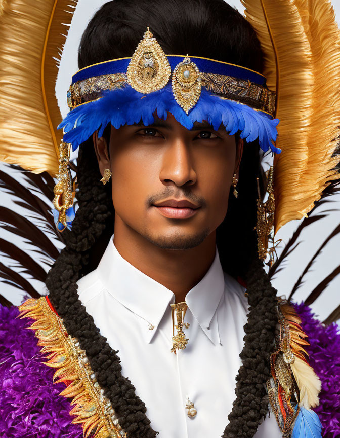 Elaborate Blue and Gold Headdress with Feathers and Ornate Earrings