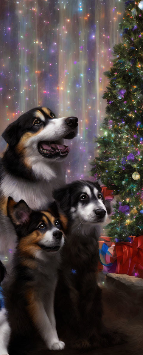 Three dogs near Christmas tree under starry night sky with presents, evoking holiday spirit