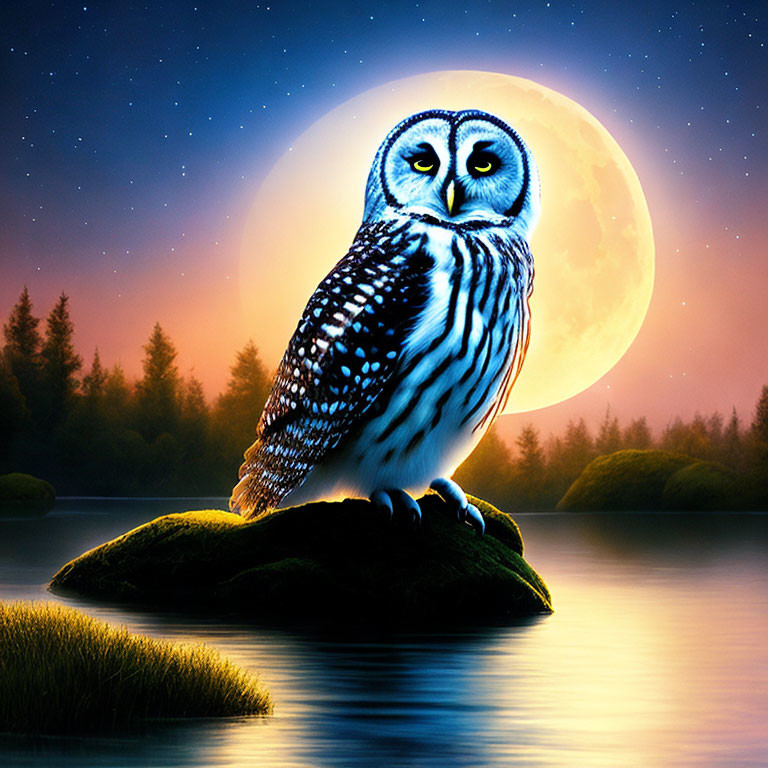 Snowy owl perched on mossy rock under full moon and starry sky