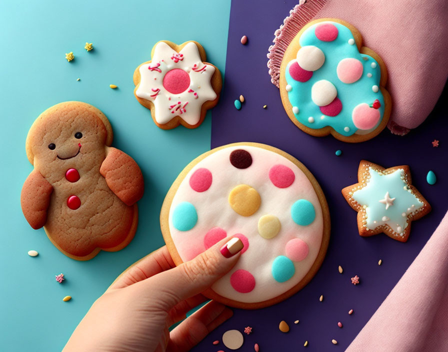 Vibrant Iced Cookies on Teal and Purple Background