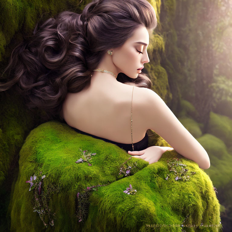 Woman with flowing hair surrounded by green moss and adorned with jewelry and purple flowers.