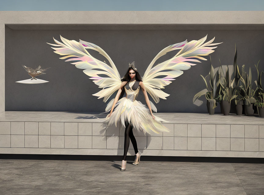 Woman with artistic wings and crown posing on terrace with bird sculpture and plants