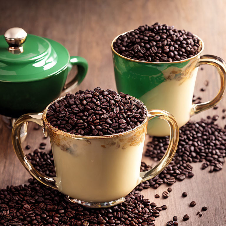 Vintage Cups with Coffee Beans and Green Teapot on Wooden Surface