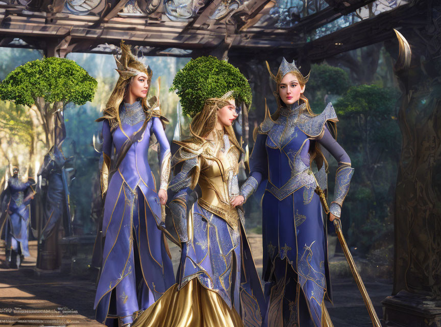 Three women in elaborate fantasy armor under ornate archway in mystical forest