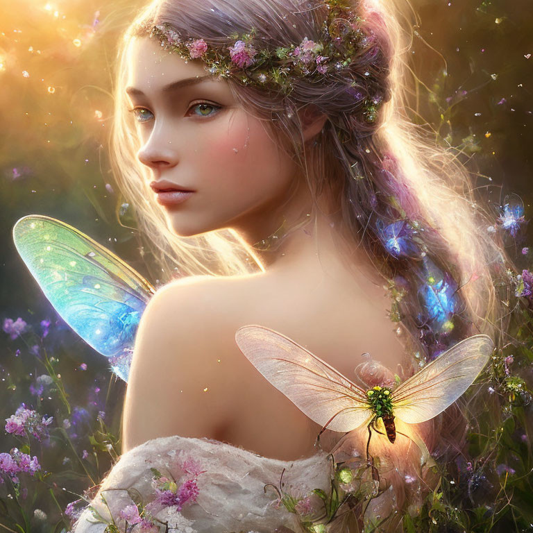 Fantasy illustration: Fairy with iridescent wings and floral headband