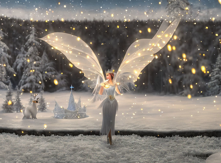 Luminous fairy with crown and castle in snowy forest landscape