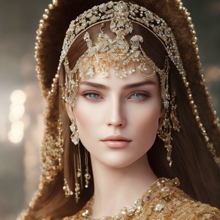 Detailed Jewelry Headpiece and Earrings on Woman in Golden Garment