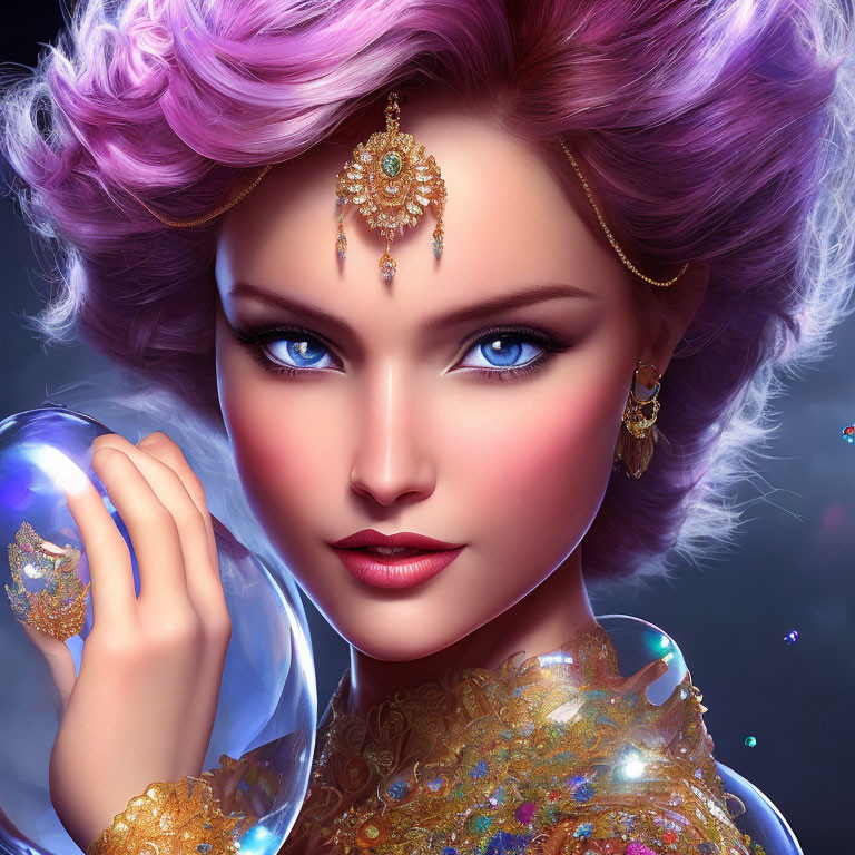 Stylized portrait of woman with purple hair, blue eyes, golden jewelry, crystal ball