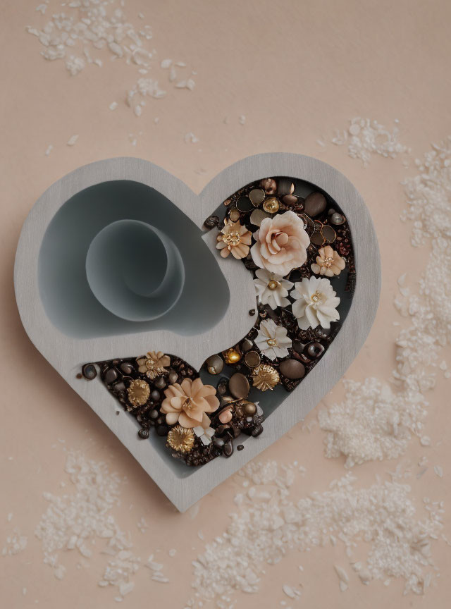 Heart-shaped wooden box with flowers, beads on one side, empty on the other, on beige background