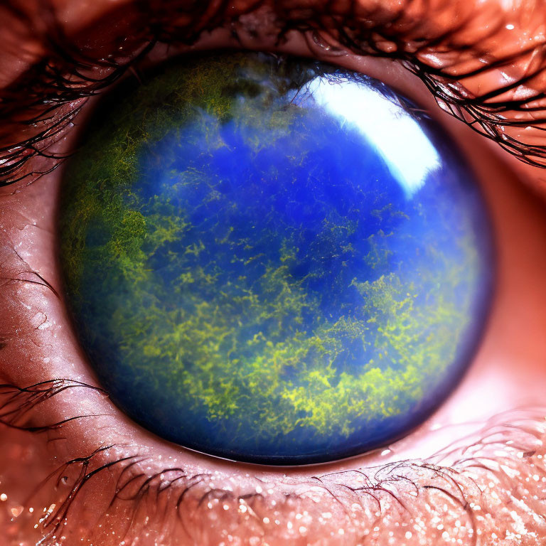 Detailed Close-Up of Human Eye with Vivid Blue Iris and Globe-Like Patterns