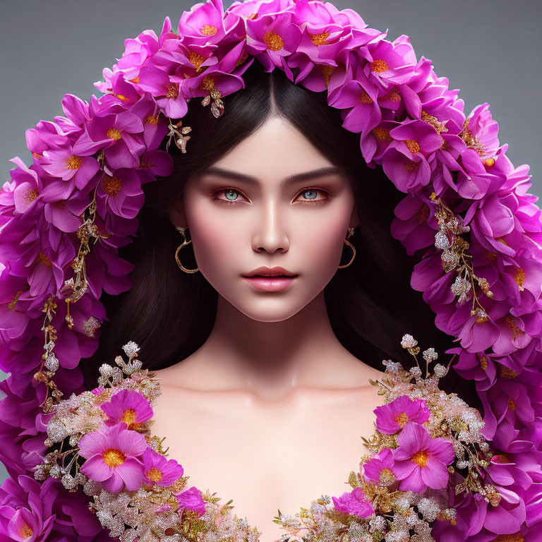 Woman with Lavish Floral Crown and Purple Flower Garment