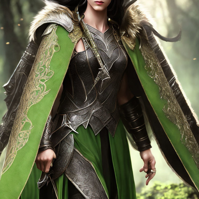 Fantasy warrior in silver armor with green cape in mystical forest.