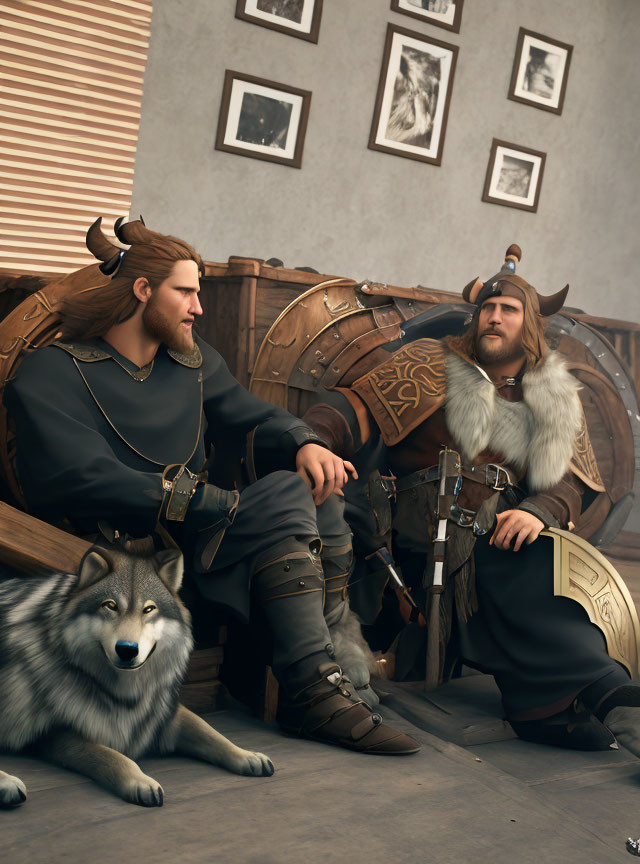 Viking warriors in traditional garb with loyal wolf, chest and shields