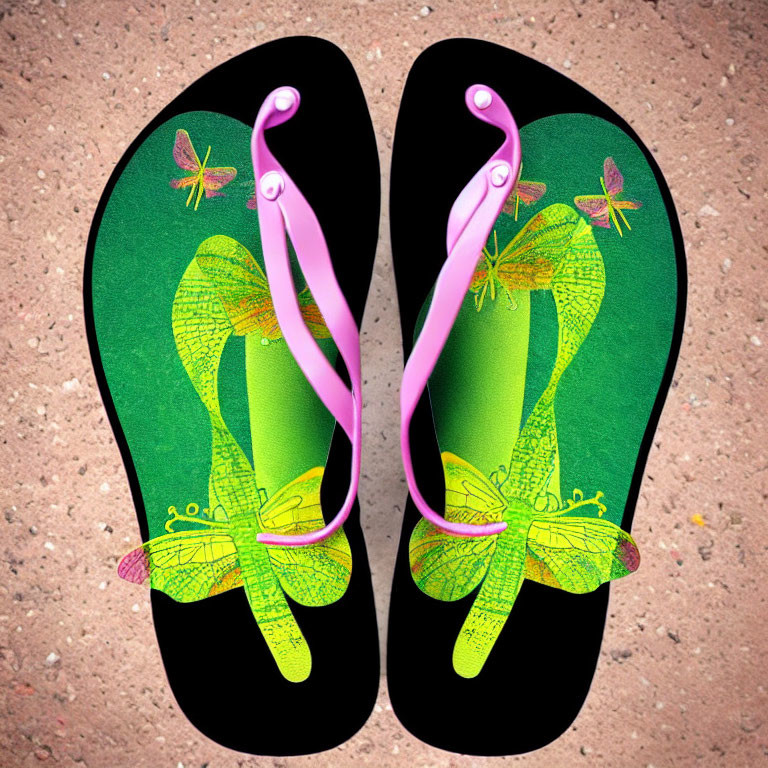 Pink Straps Flip-Flops on Green Leafy Background with Dragonflies