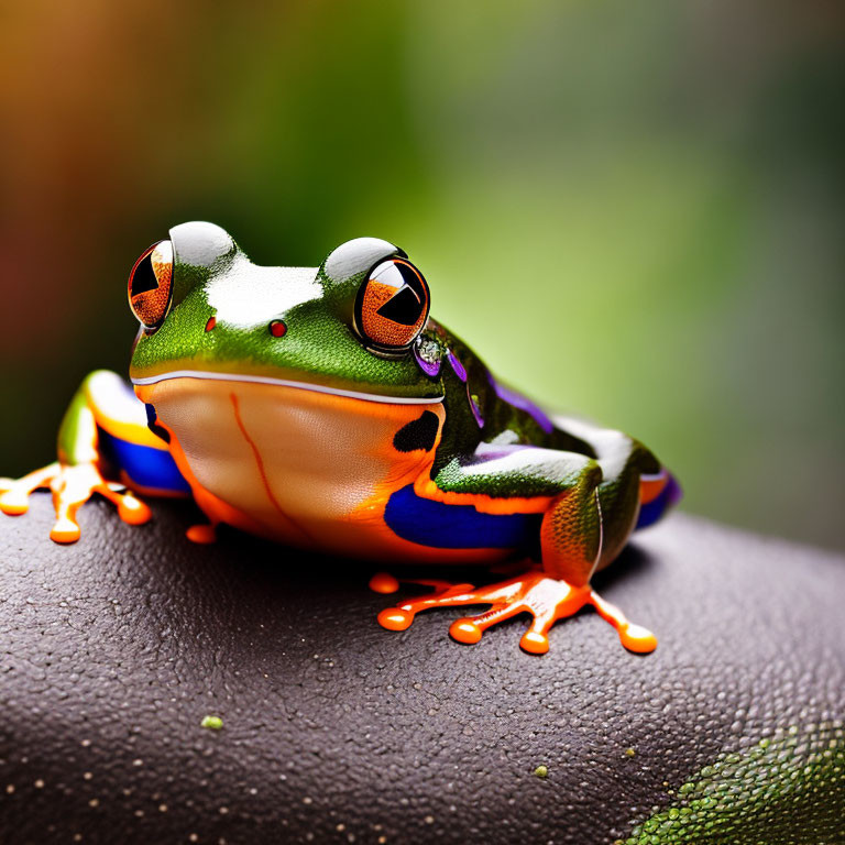 Colorful Frog with Orange Feet on Dark Textured Surface Against Blurred Green Background