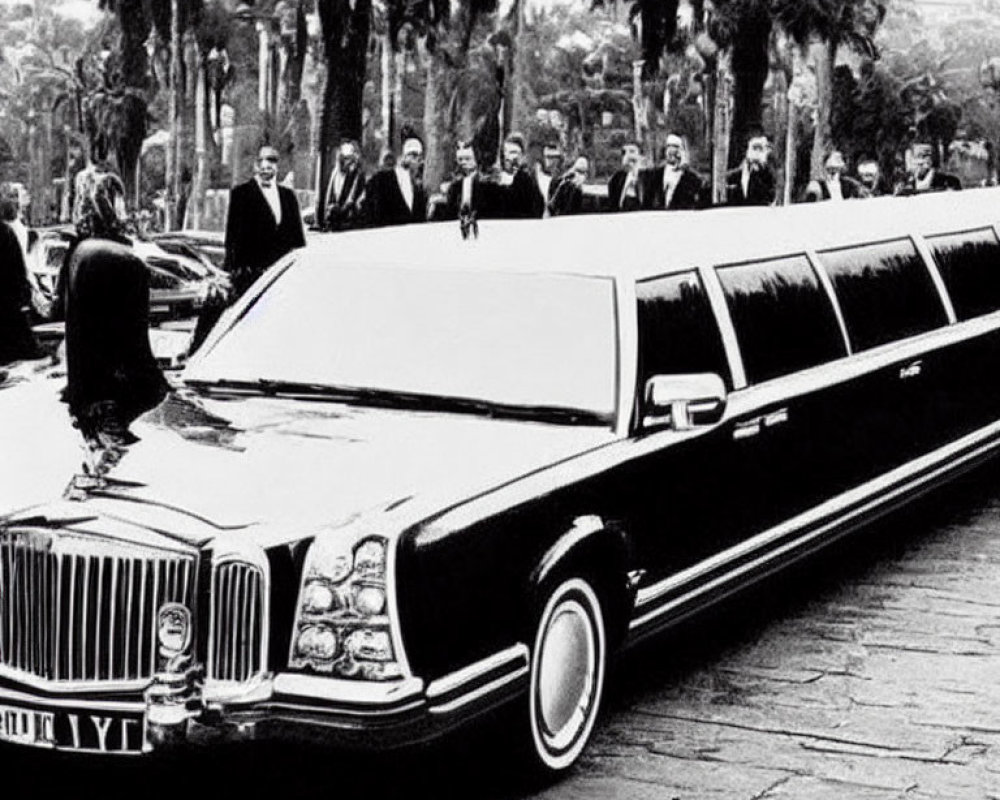 Monochrome photo of limousine and chauffeurs by palm trees