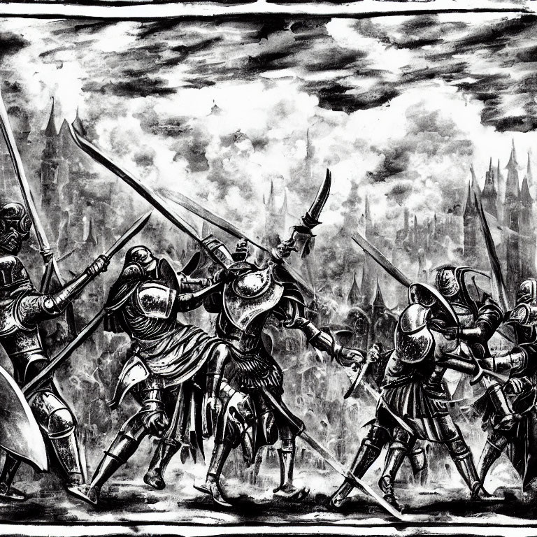 Monochromatic medieval battle scene with armored knights under dramatic sky