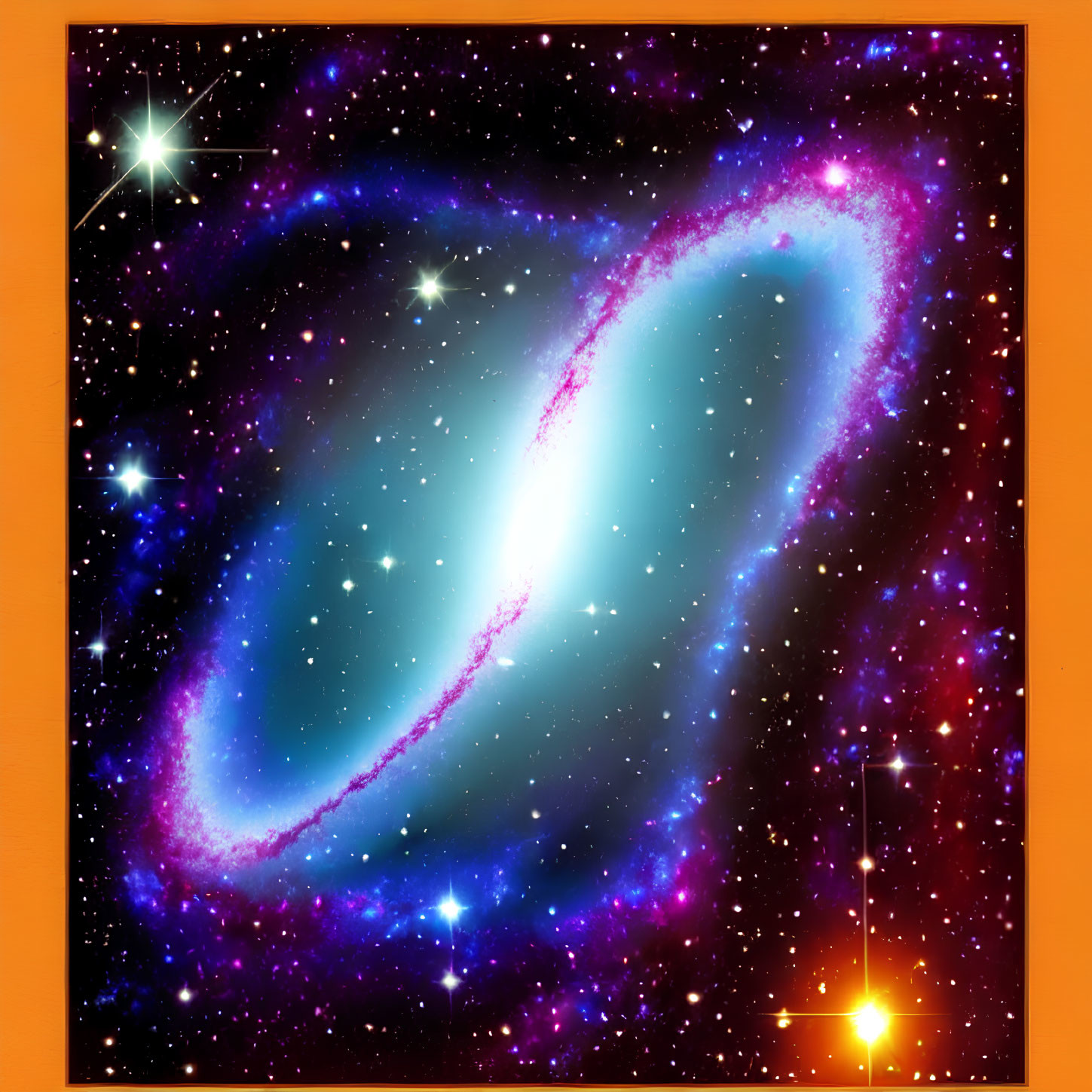 Spiral galaxy in blue and pink hues against starry space