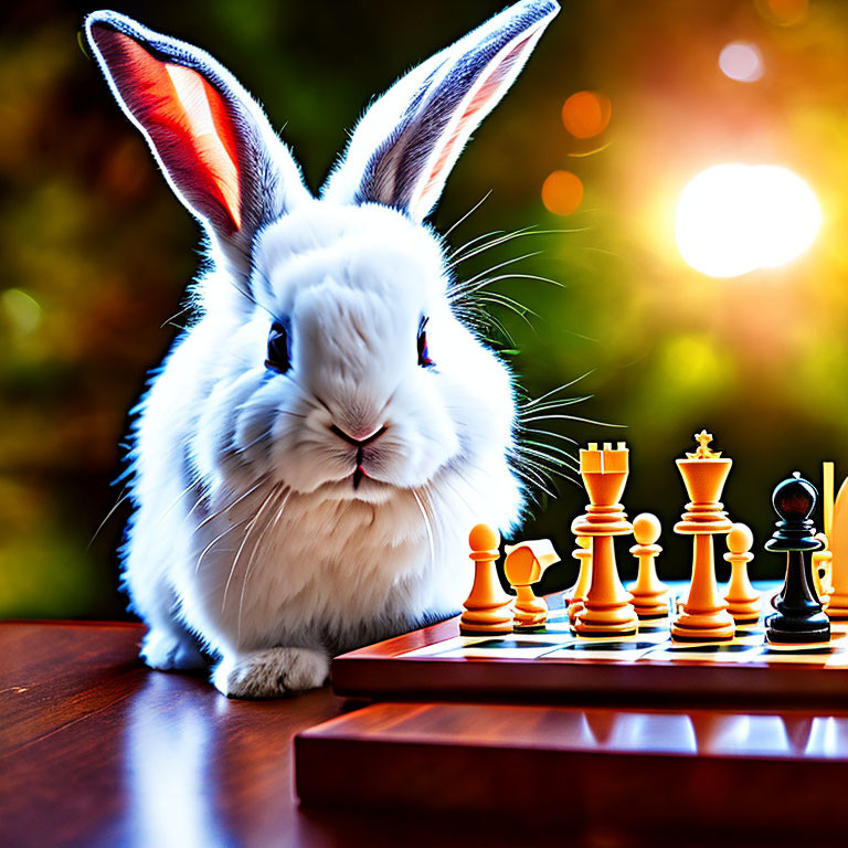 White Rabbit Sitting Next to Chessboard in Warm Lighting