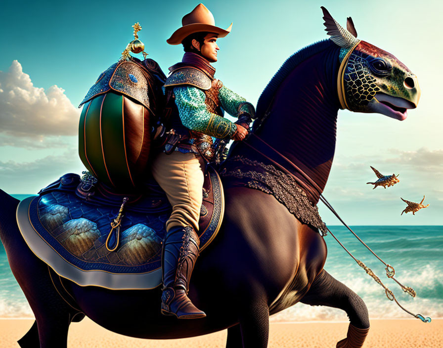 Person in ornate armor riding stylized horse by the sea with flying fish