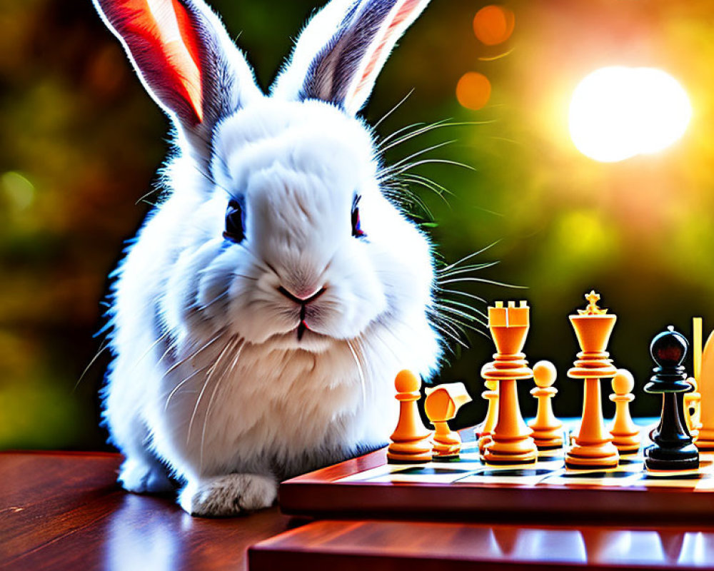 White Rabbit Sitting Next to Chessboard in Warm Lighting