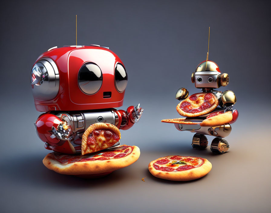 Cartoon-style robots sharing pizza in surreal scene