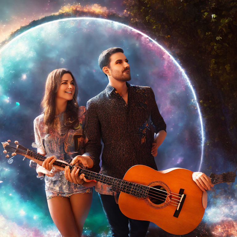 Man and woman holding guitar against cosmic background with nebula and stars.