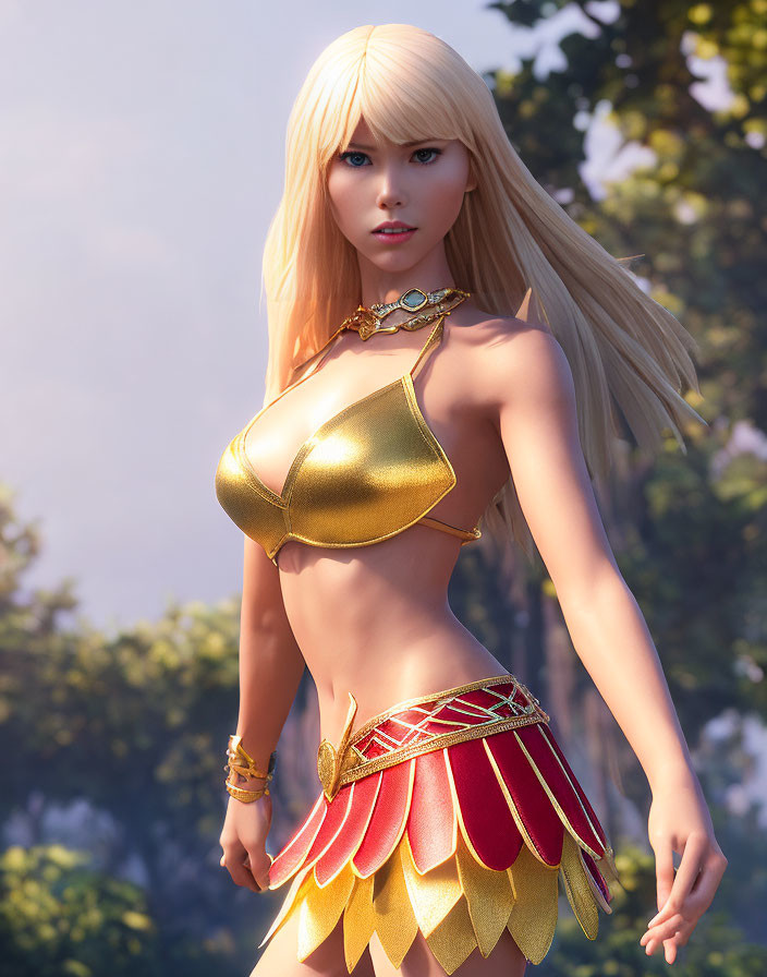 Blonde Female Figure in Fantasy Gold and Red Outfit