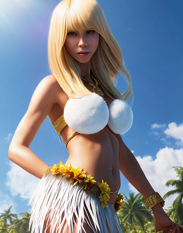 Blonde woman in fantasy tribal outfit against blue sky and palm tree